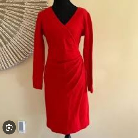 Tory Burch Red Wool Dress Womens Long Sleeve Faux Wrap Knee-Length  XS - Picture 1 of 5